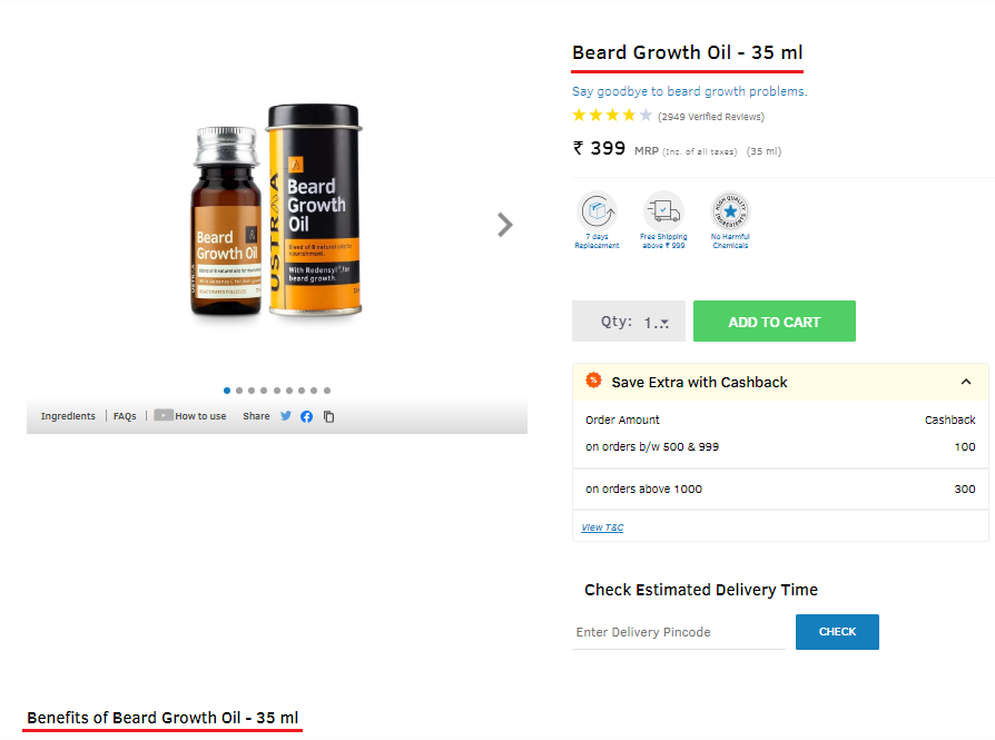 ustraa beard growth oil keyword title heading tags writing product descriptions
