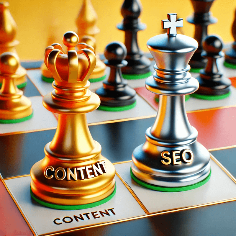 Illustration of content as King and SEO as a queen on a chess board