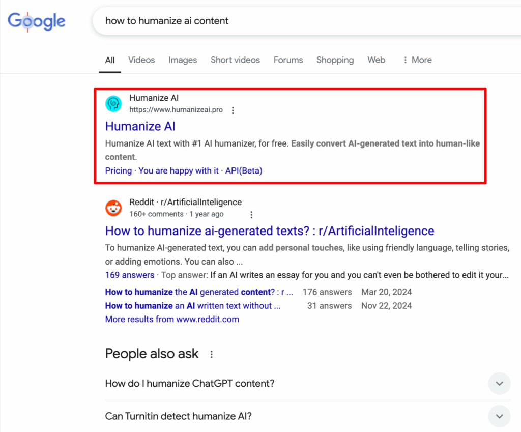 Google search results about humanizing AI content