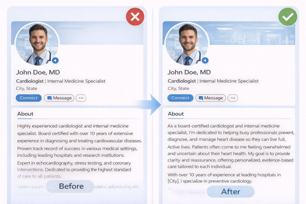Before and after example of a doctor&rsquo;s LinkedIn About section showing authority and empathy