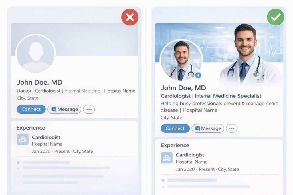 Before and after example of a doctor&rsquo;s LinkedIn profile photo and banner optimization