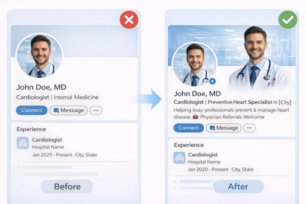 Doctor LinkedIn headline optimization example comparing poor vs optimized headline
