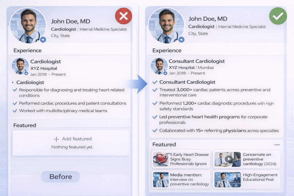 Doctor LinkedIn experience section optimization example with metrics and featured content