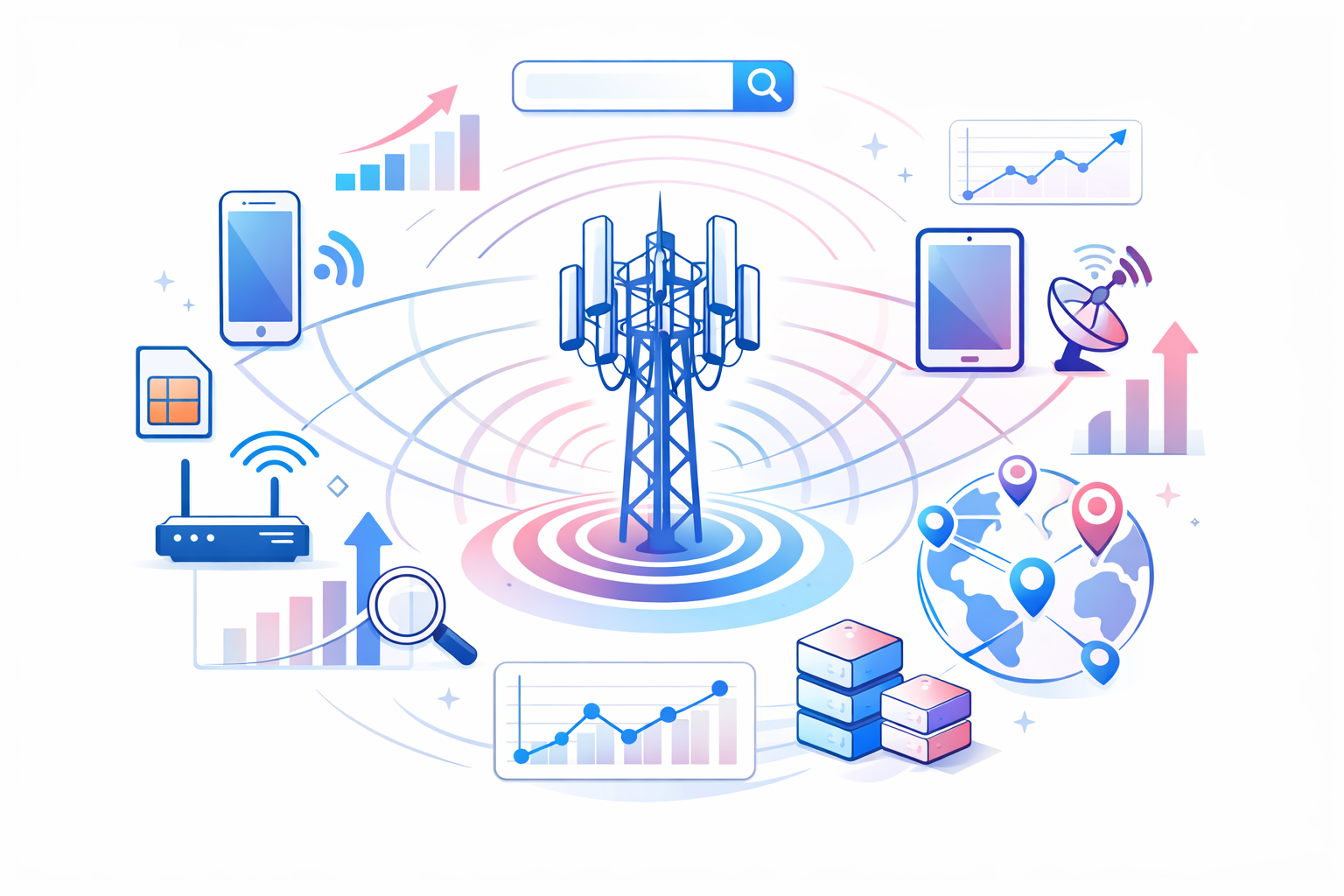 Modern telecom network illustration showing connected devices, signal coverage, analytics dashboards, and digital growth elements.