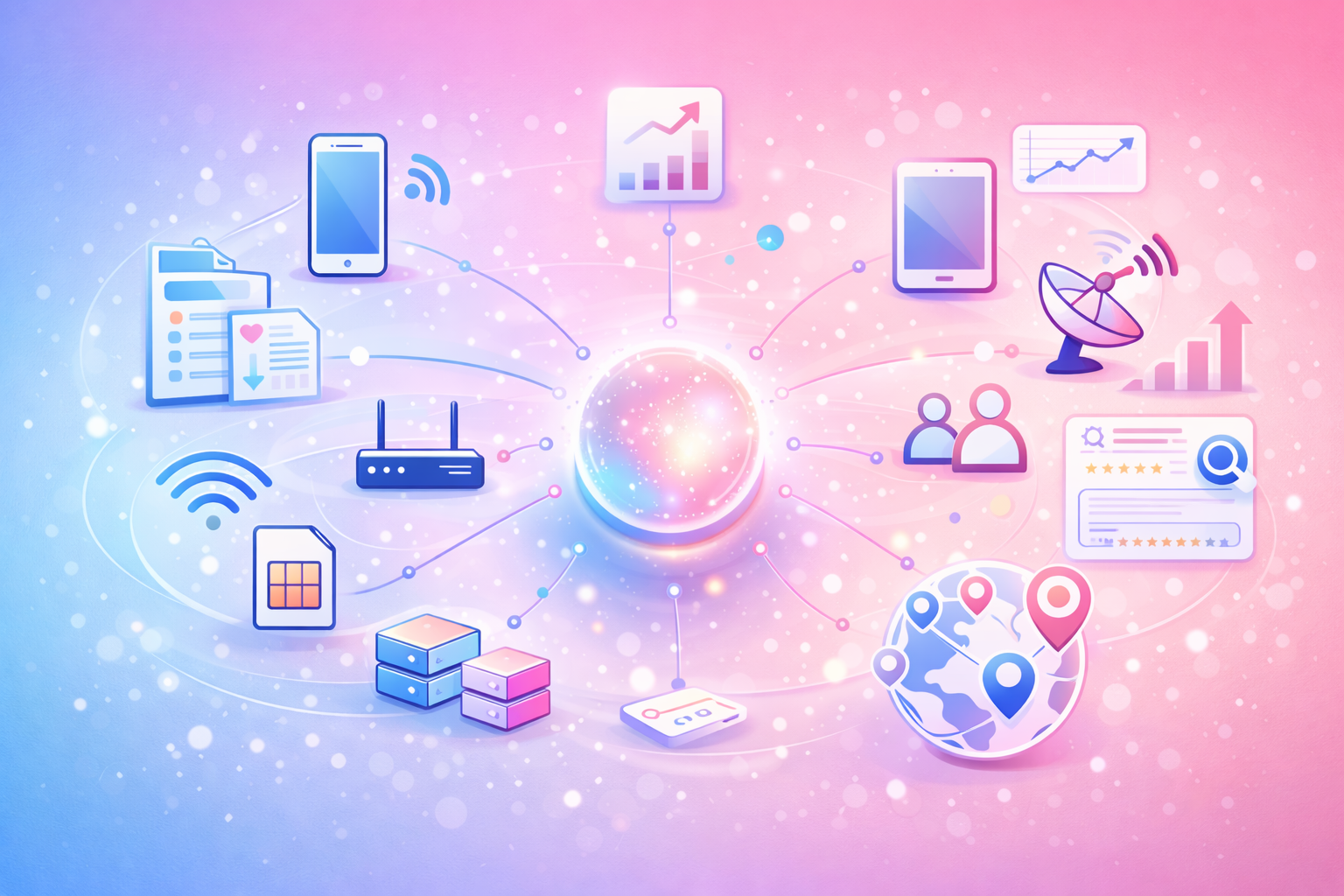 Vector illustration of a connected telecom ecosystem with a central marketing hub linking devices, networks, coverage signals, and growth analytics on a soft blue-to-pink gradient background.