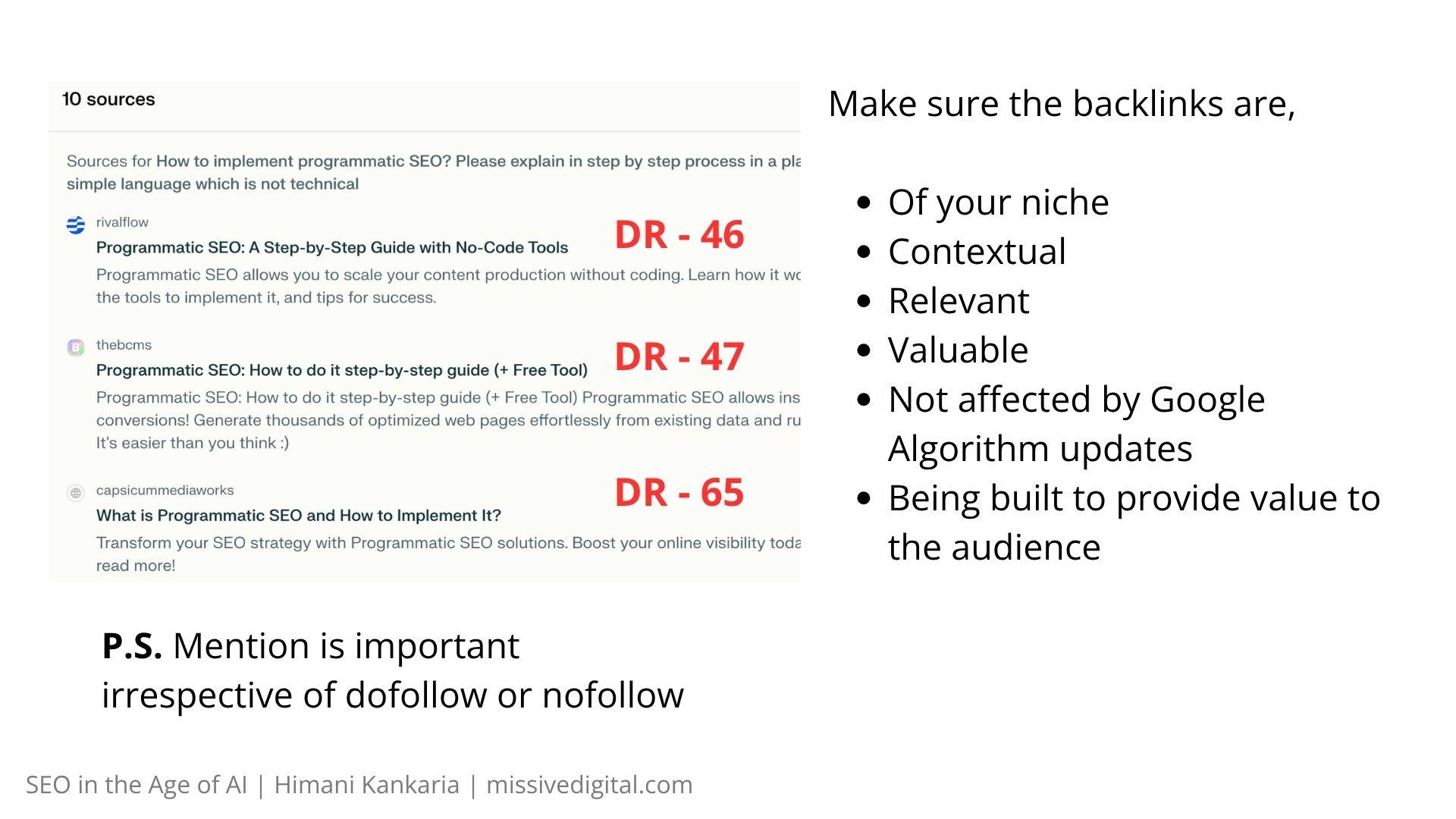 Sources cited by AI for a programmatic SEO question with DR 46, 47 and 65