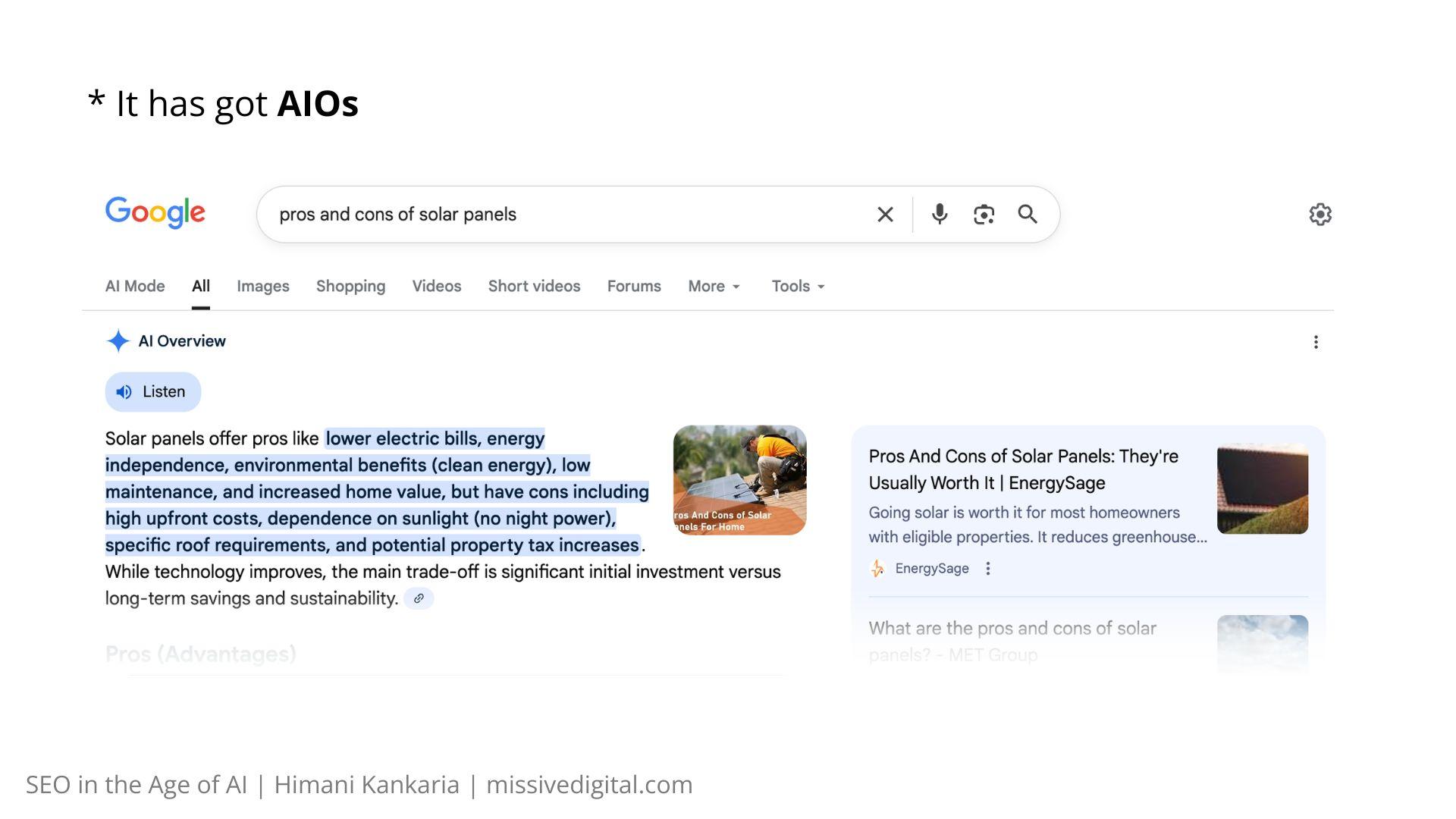 Google AI Overview answering pros and cons of solar panels