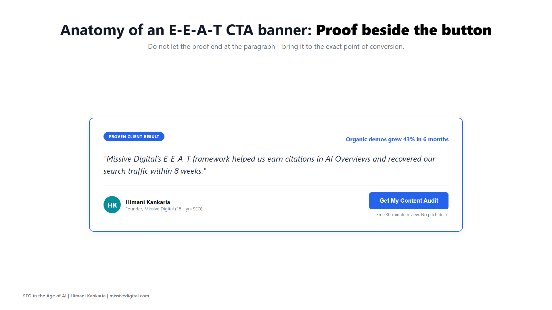 High-converting CTA banner with client quote, expert photo, and outcome button