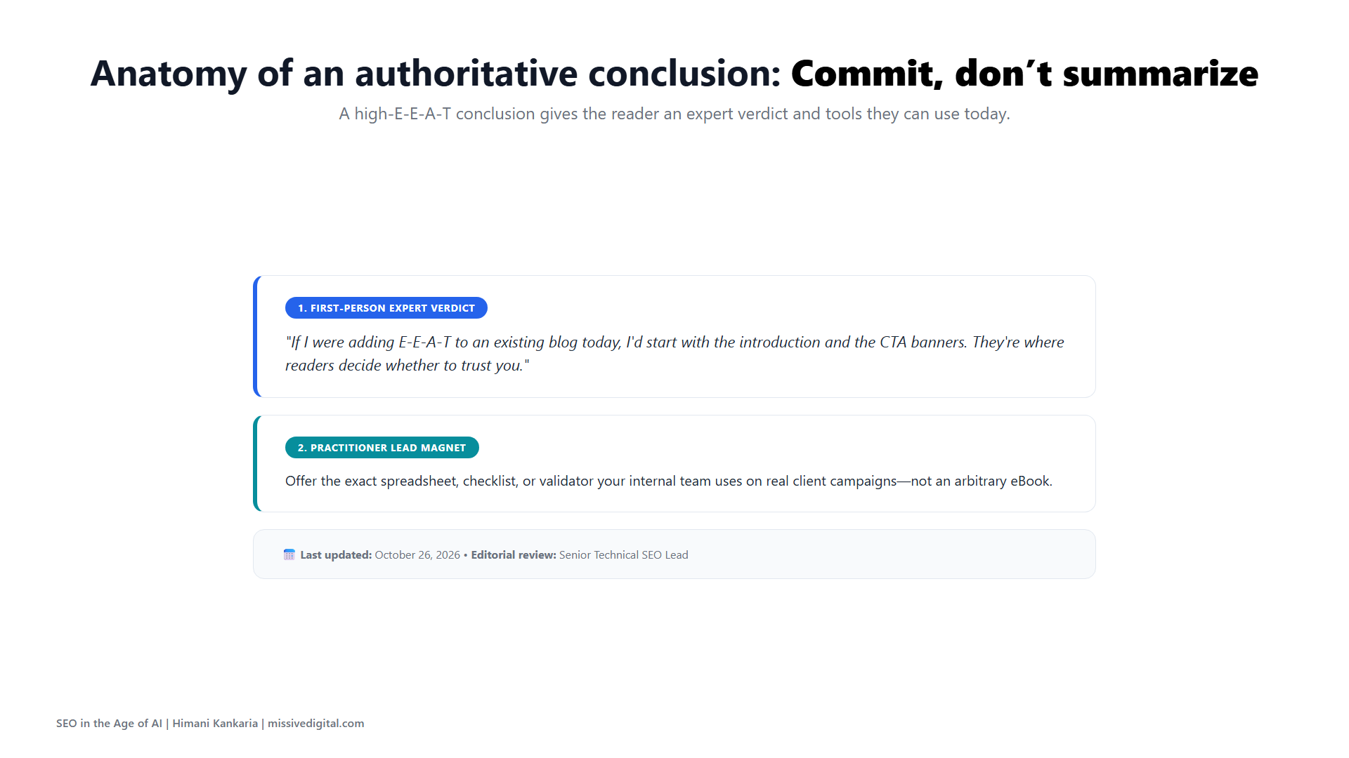 Authoritative blog conclusion structure with first-person verdict and lead magnet