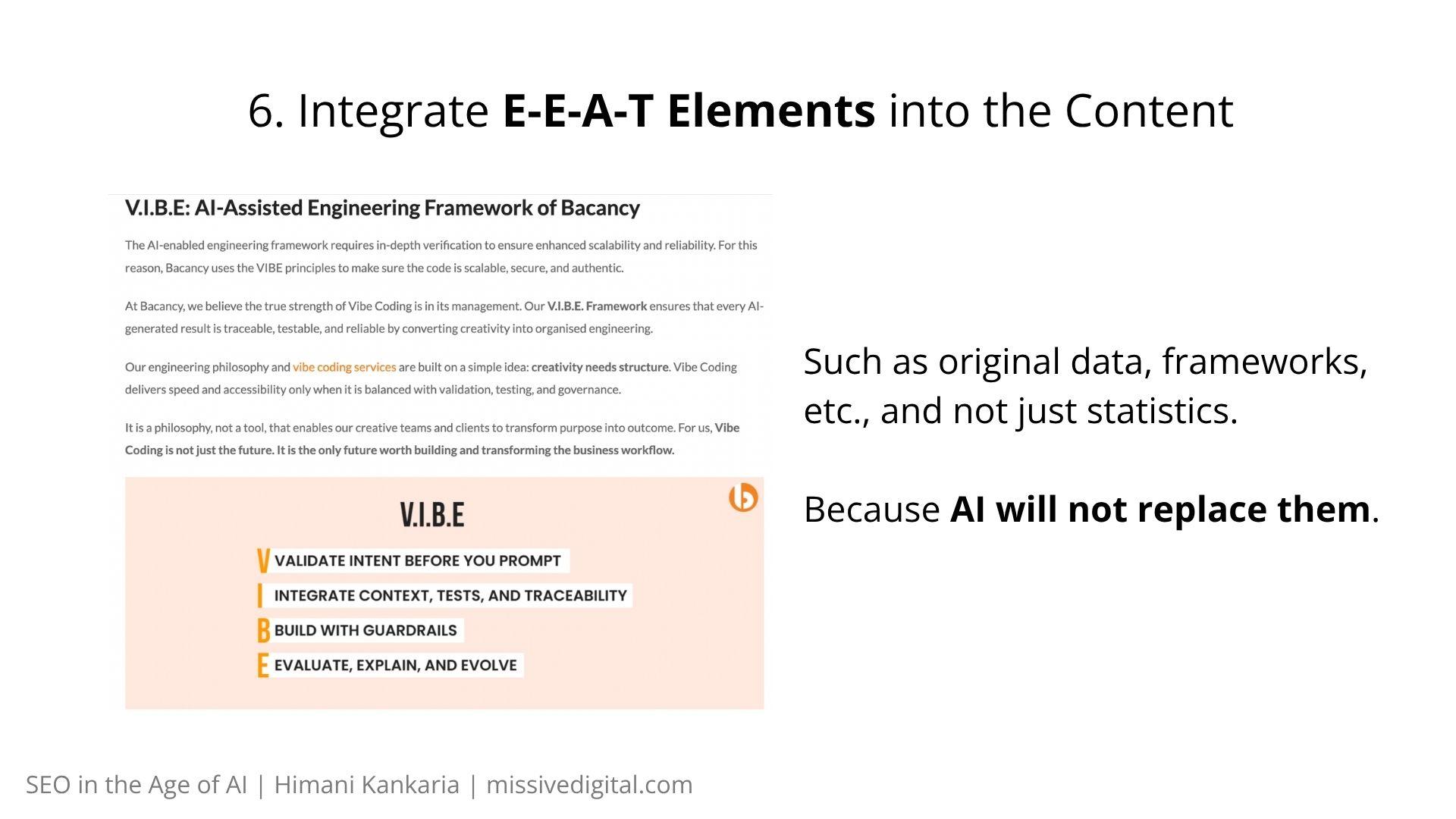 Bacancy V.I.B.E. framework for AI-assisted engineering as an E-E-A-T example