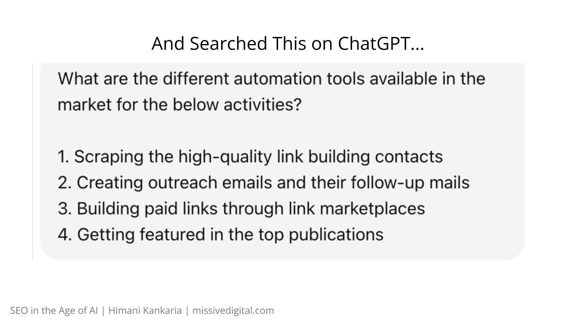 The ChatGPT prompt asking for link building automation tools
