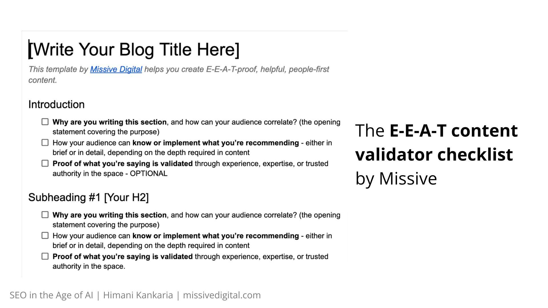 The E-E-A-T content validator checklist by Missive Digital