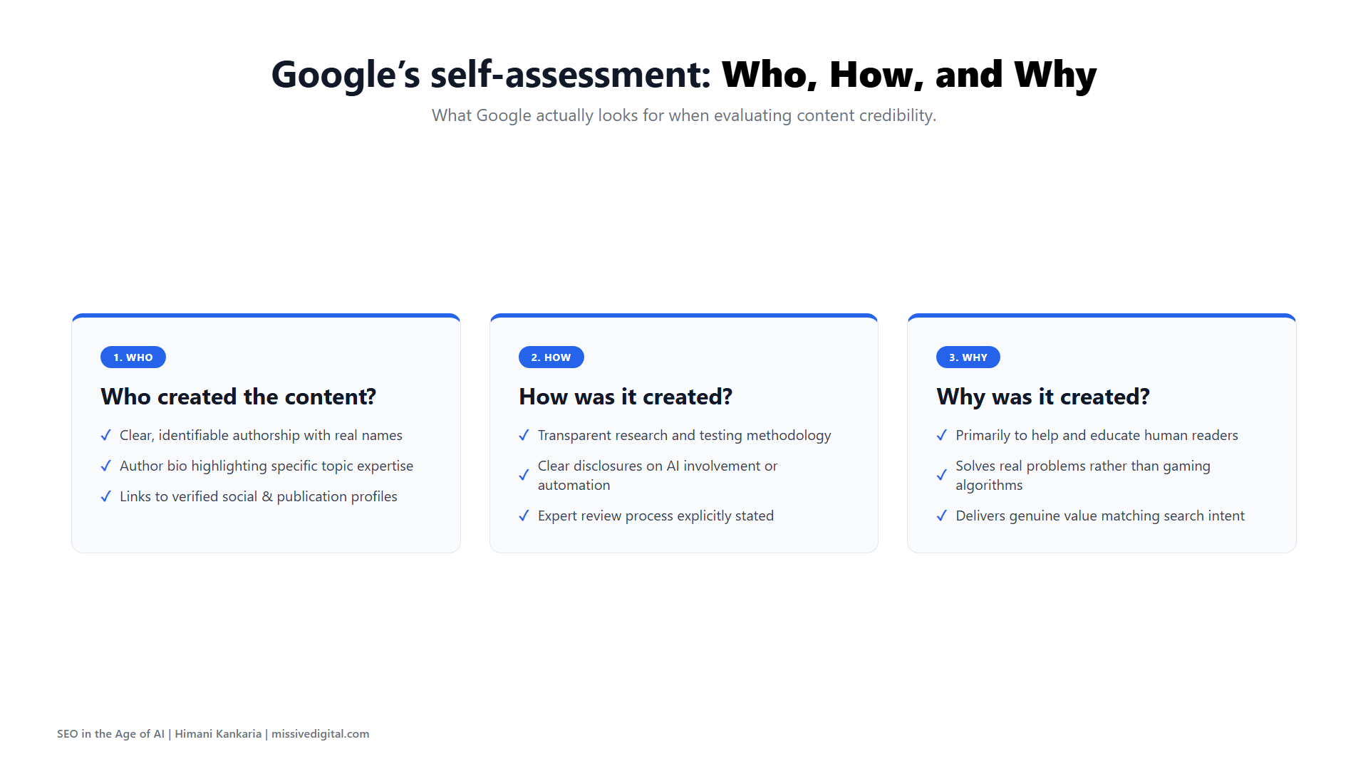 Google Search Central self-assessment questions covering Who created the content, How it was created, and Why