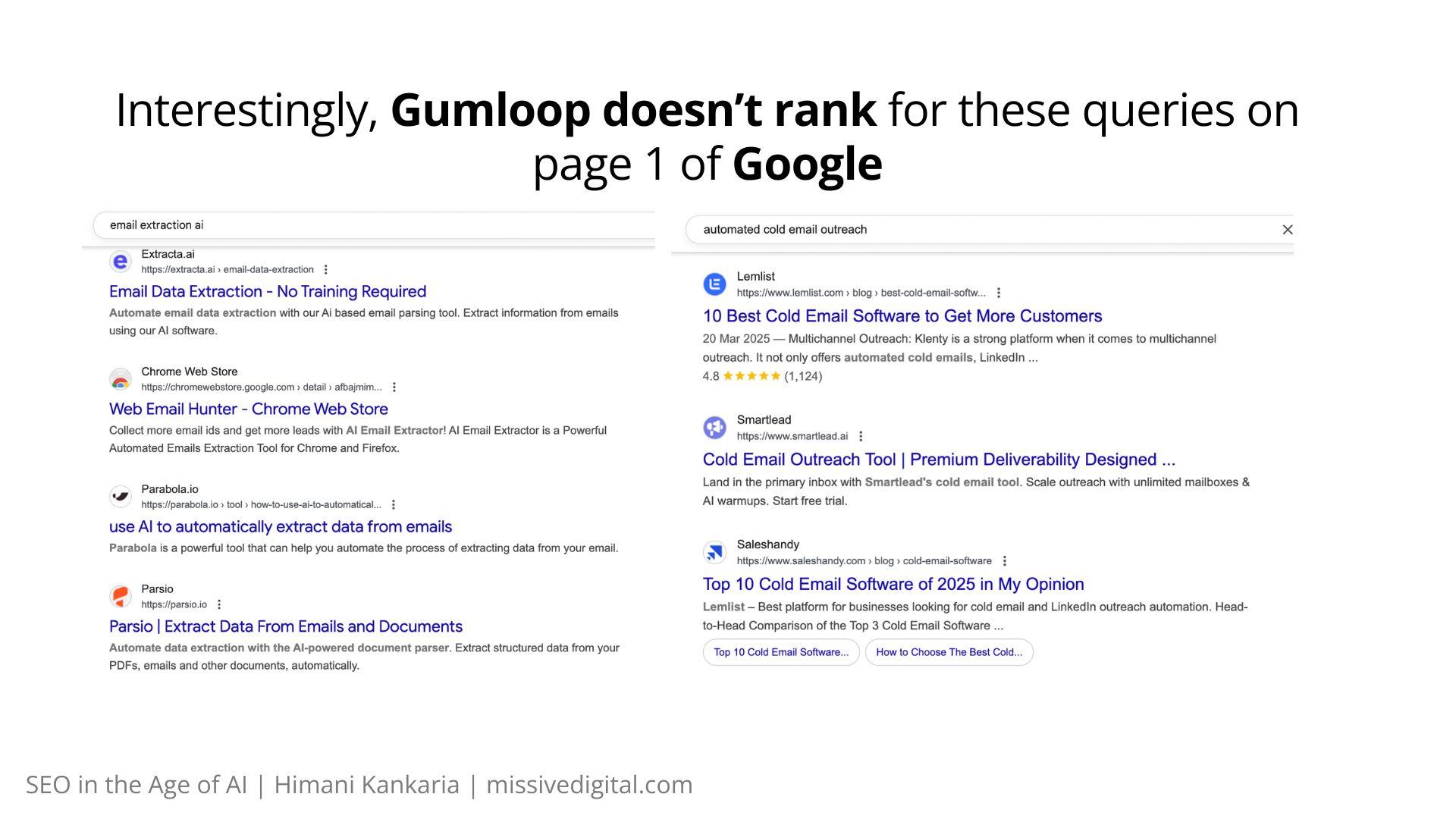 Google page 1 results for email extraction ai and automated cold email outreach, without Gumloop