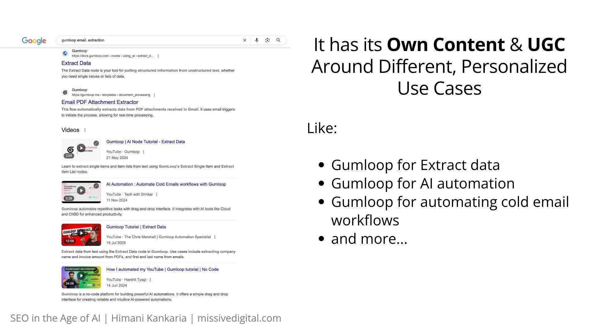 Google results for gumloop email extraction showing Gumloop docs, templates and YouTube tutorials
