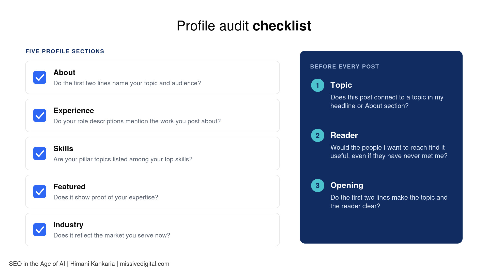 Profile audit checklist: About, Experience, Skills, Featured and Industry, plus three questions to ask before every post