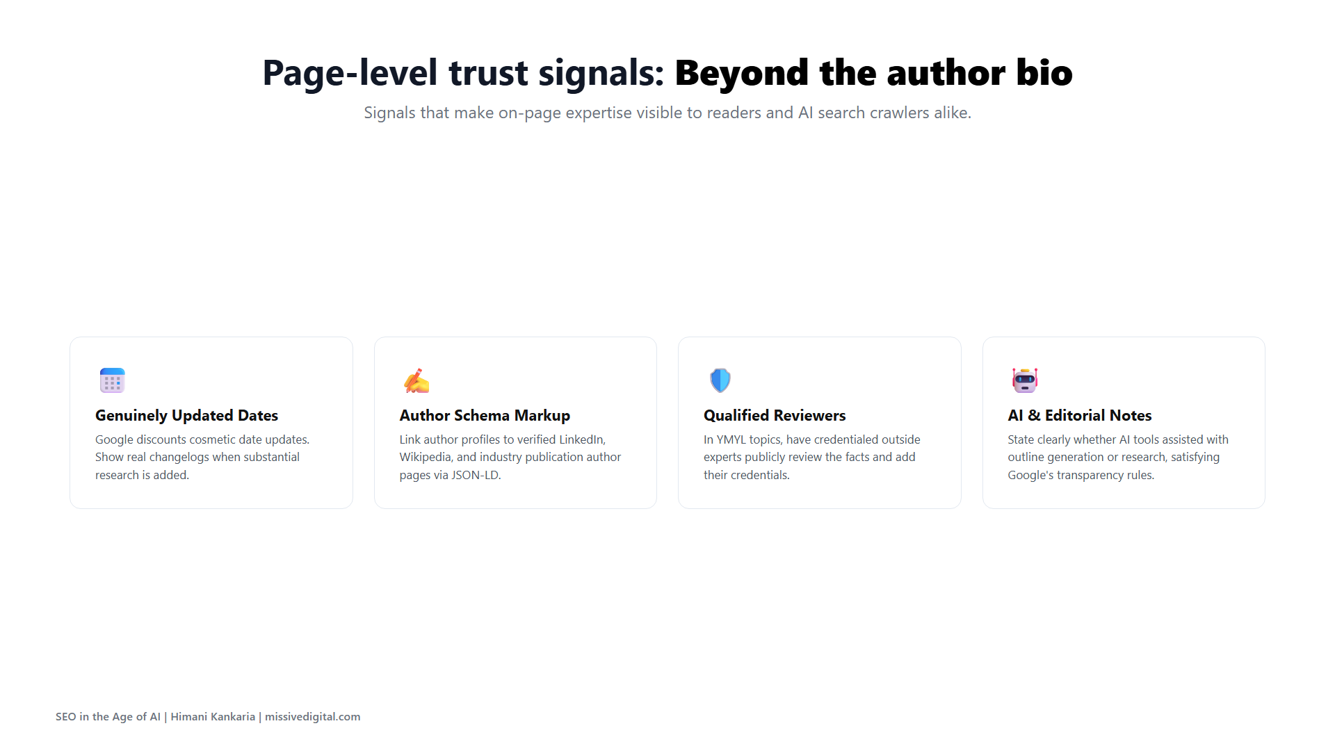 Page-level trust signals including updated dates, author schema, and reviewer credentials