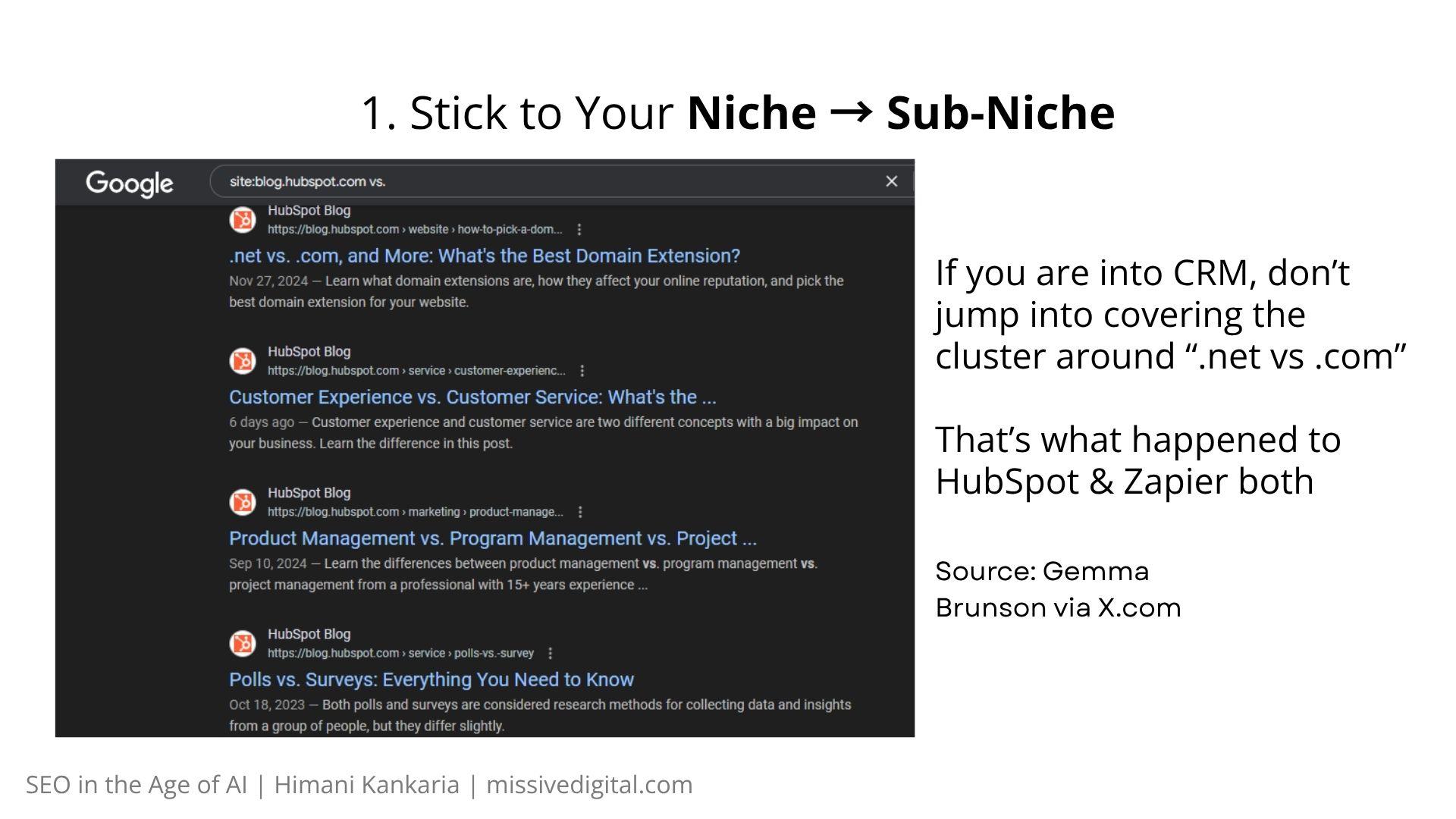 site:blog.hubspot.com vs results showing off-niche topics like .net vs .com