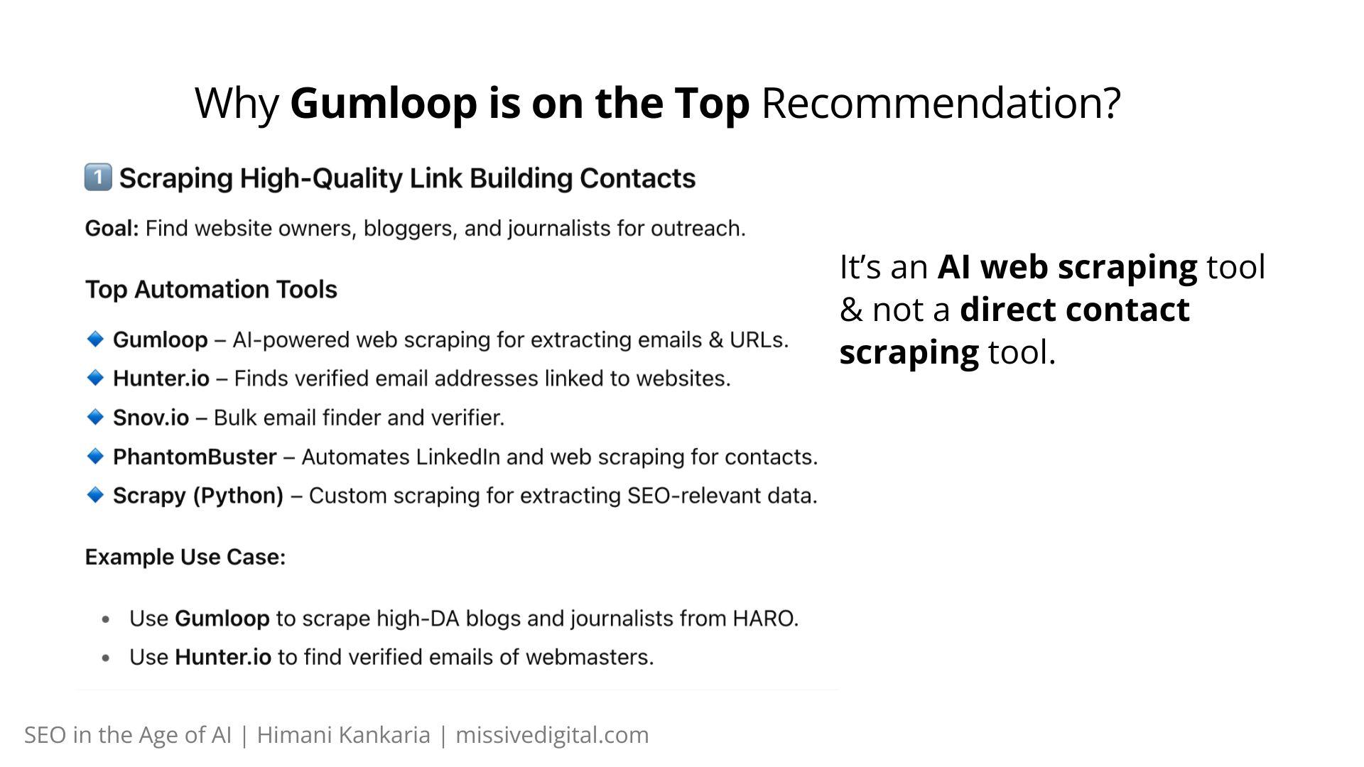 ChatGPT recommending Gumloop first for scraping link building contacts