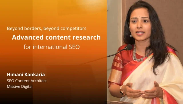 Himani Kankaria presenting international SEO content research at the International Search Summit 2025 in Barcelona
