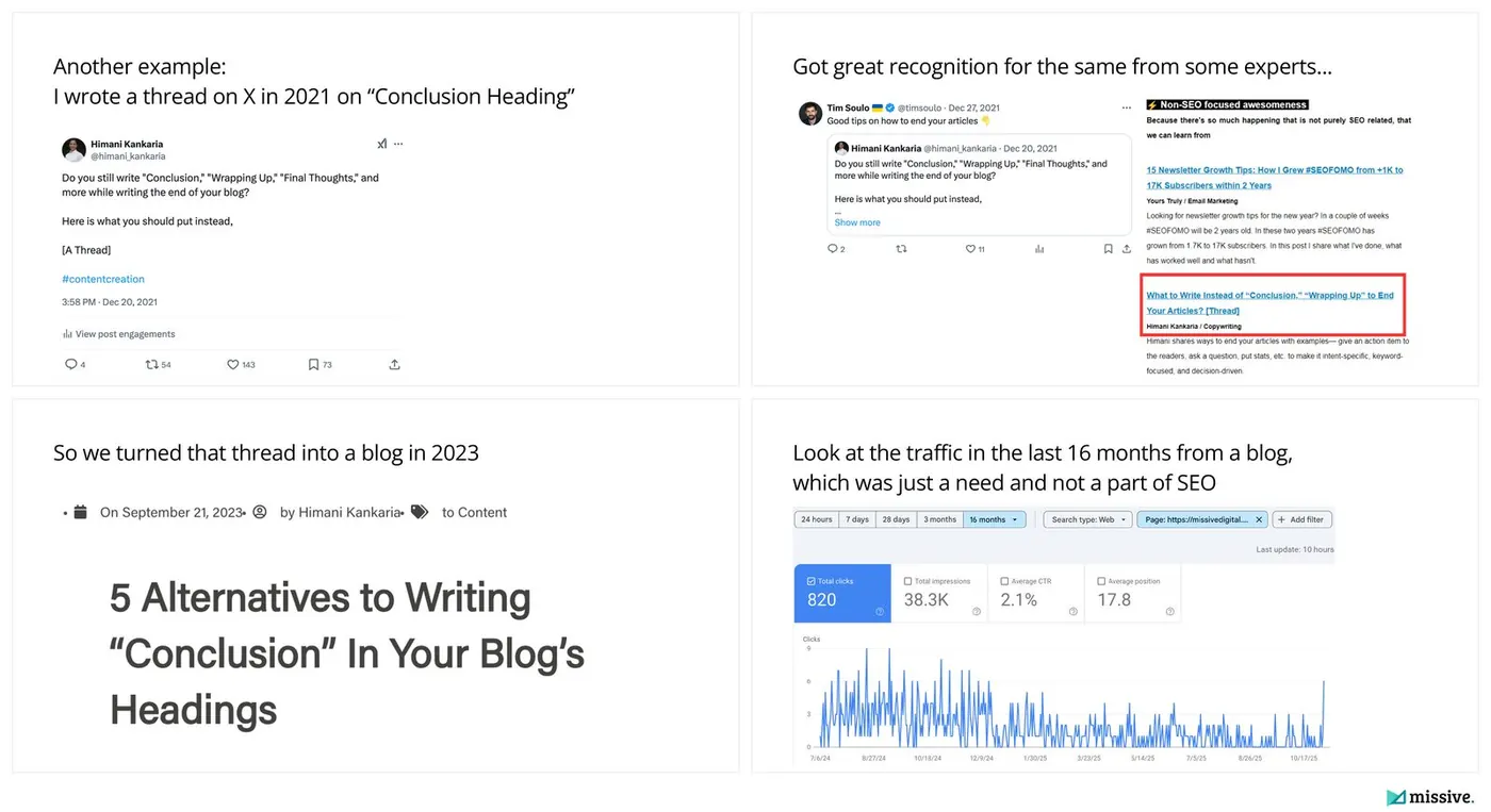 Conclusion heading X thread, Tim Soulo repost, SEOFOMO mention, and the Missive Digital blog with 820 clicks in Search Console