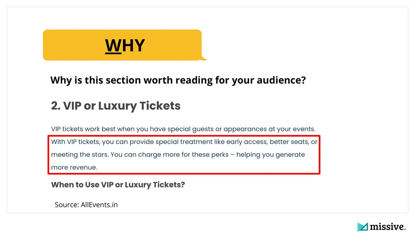 AllEvents VIP tickets section opening with the reason it matters to the reader, an E-E-A-T content example