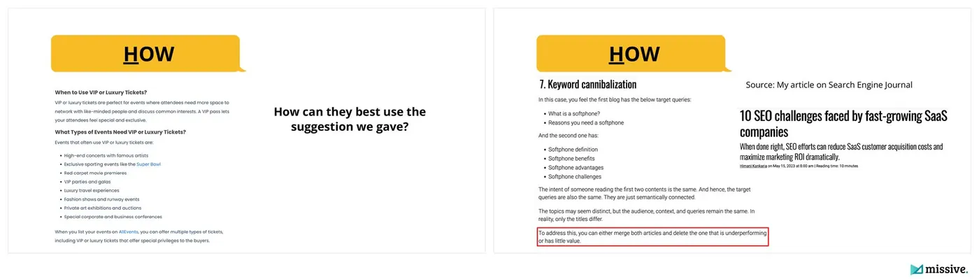 AllEvents section showing the method, and Himani Kankaria's Search Engine Land article with the keyword cannibalization fix highlighted