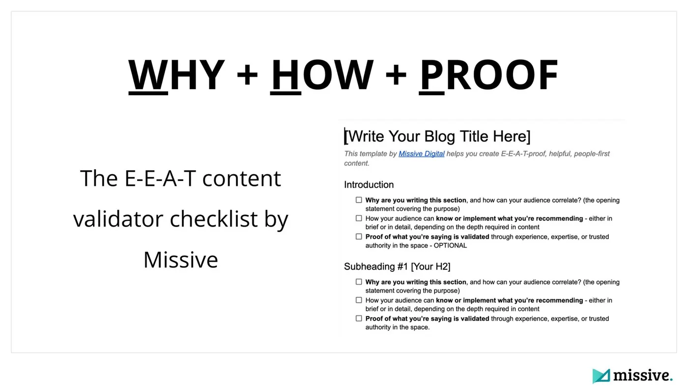 Missive Digital E-E-A-T content validator checklist template with three checkboxes for the introduction and each subheading